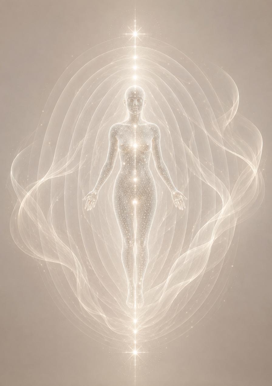Eyezz creative artwork: a luminous figure surrounded by flowing light
